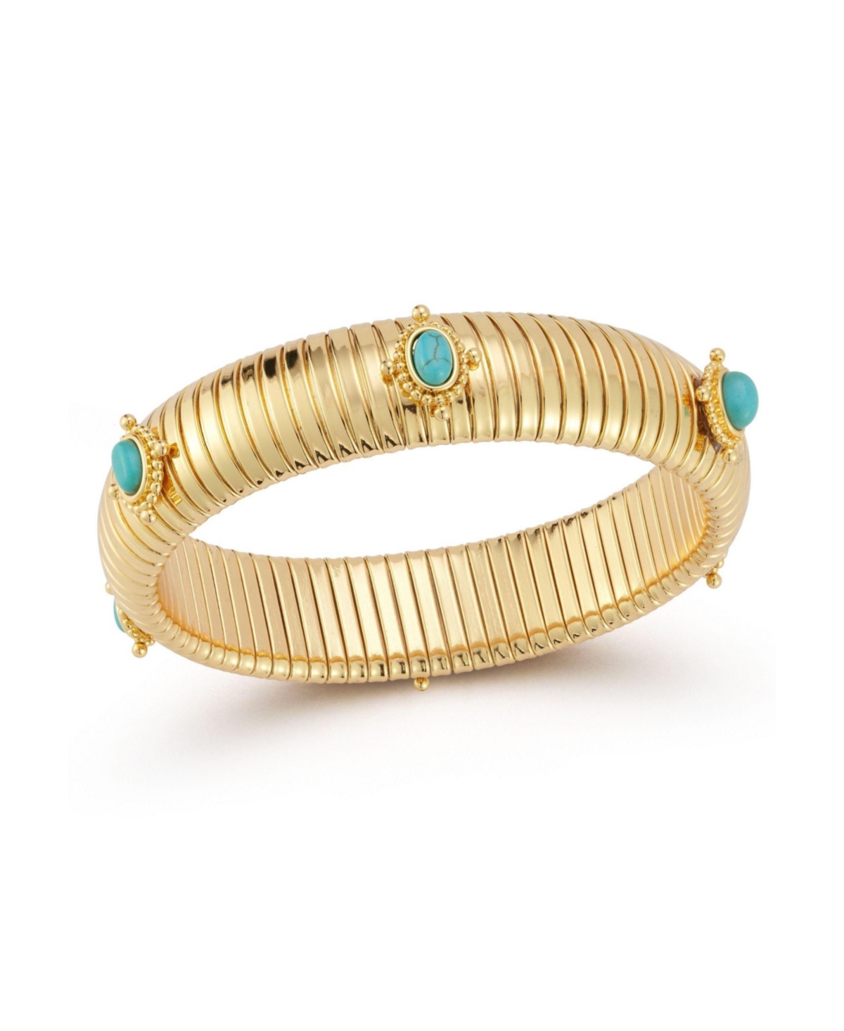 Gold Plated Bold Tubogas Bangle Bracelet with Synthetic Turquoise - Gold