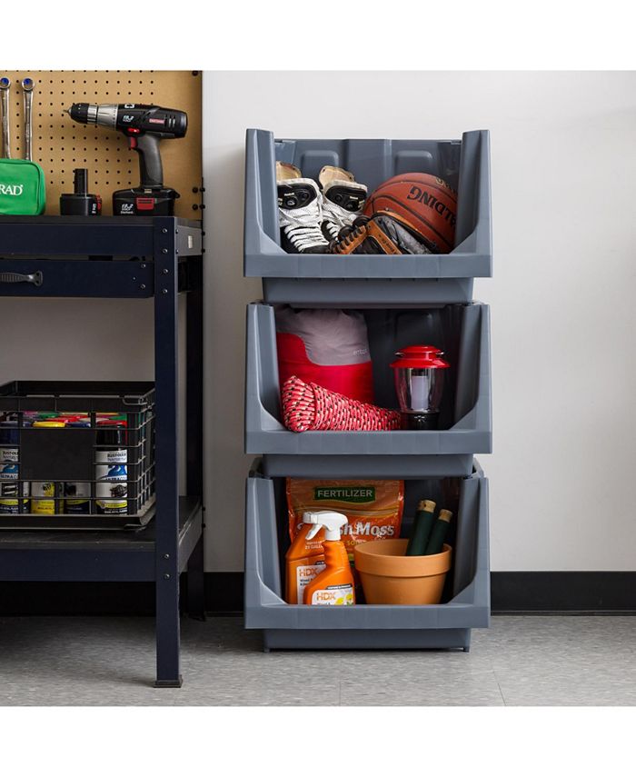 IRIS USA Medium Stackable Storage Bins Open Front, Heavy Duty Garage Organization, Gray 3Pack