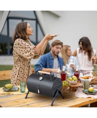 Portable Charcoal Grill with Thermometer & Wooden Handle