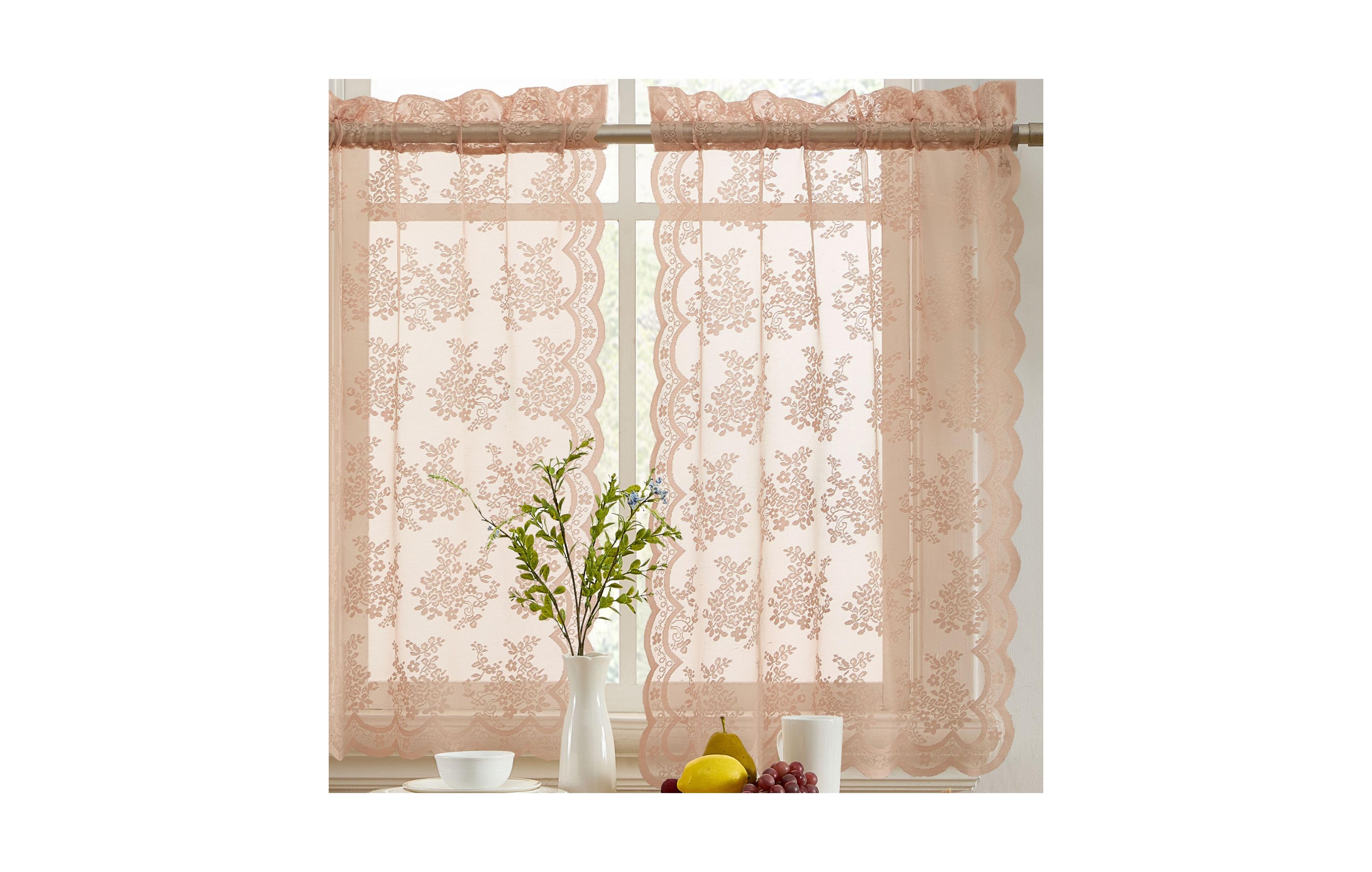 Hlc.me Jolene Floral Rod Pocket Lace Semi Sheer Voile Short Cafe Tiers for Small Windows - 28 x 36 Inch Length (Blush Pink Tiers, Set of 2)