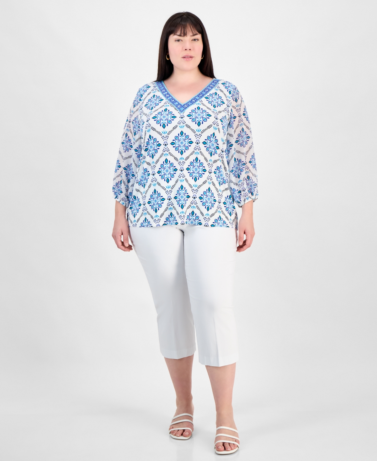 Jm Collection Plus Size Embellished V-neck 3/4-sleeve Top, Exclusively At Macy's In Neo Natural