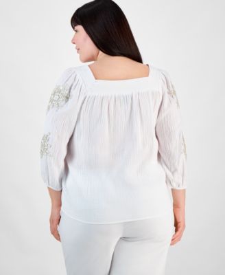 Plus Size Cotton Square-Neck Floral-Appliqu&eacute; Top, Exclusively at Macy's
