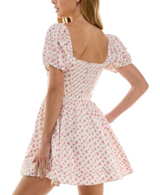 Juniors' Floral Print Cotton Puff-Sleeve Fit & Flare Dress