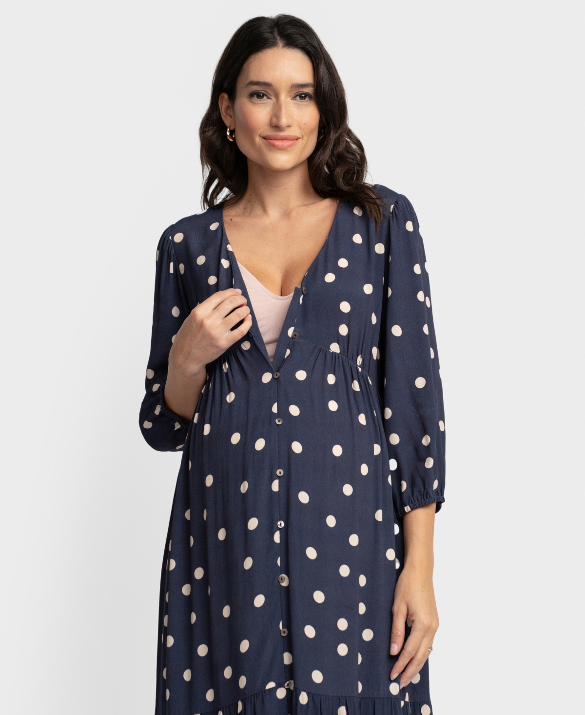 Shop Seraphine Women's Maternity V-neck Button Down Tiered Dress In Navy Dot