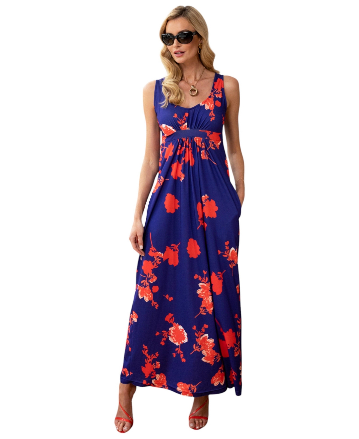 Women's Empire Line Maxi Dress - Blue / white flower