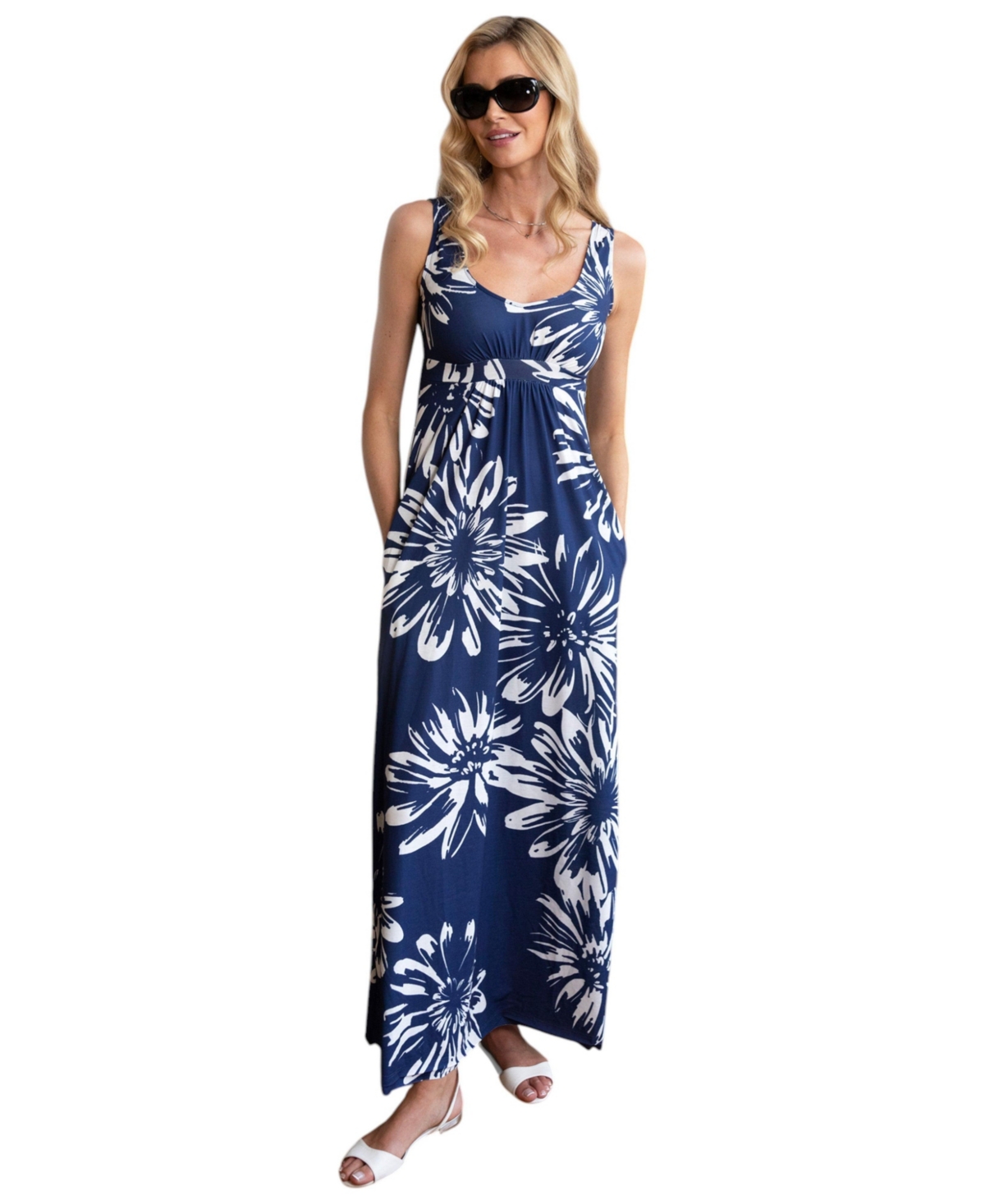 Women's Empire Line Maxi Dress - Blue / white flower