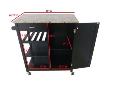 Farmhouse Kitchen Cabinet Cart with Marble Finish Top, Drawer, Shelves, and Wheels