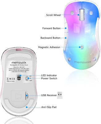 2.4G LED Wireless Mouse, Rechargeable Ergonomic Mouse with Detachable Cover, 1200 DPI Portable Optical Computer Mouse with USB Receiver for Laptop, PC, Desktop and MacBook, 5 Buttons