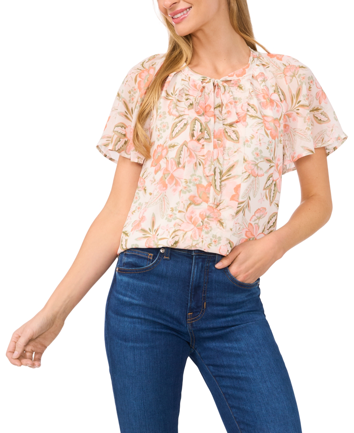 Shop Cece Women's Flutter-sleeve Tie-neck Blouse In New Ivory