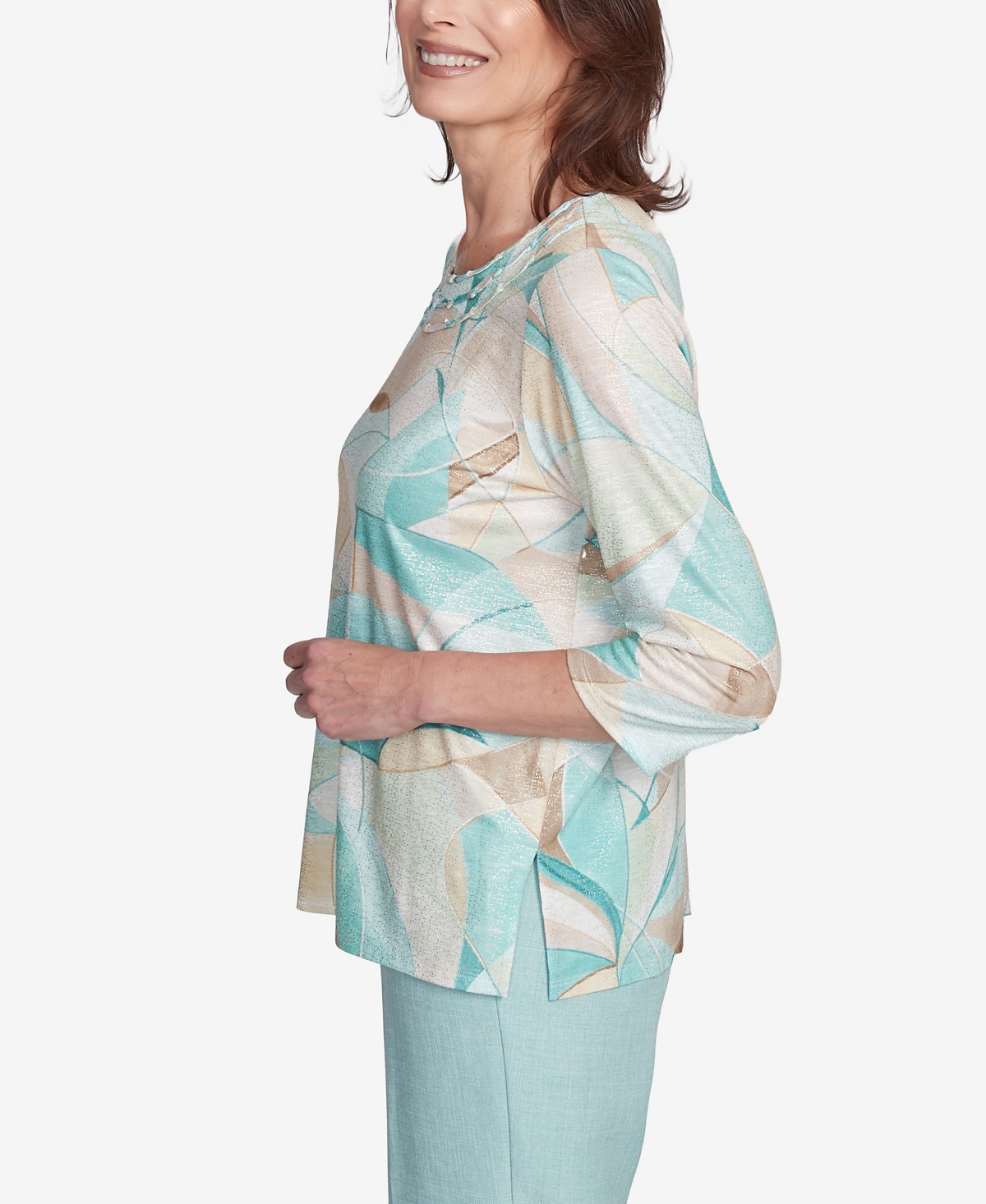 Alfred Dunner Women's Kensington Gardens Stained Glass Crew Neck Top In Neutral Multi