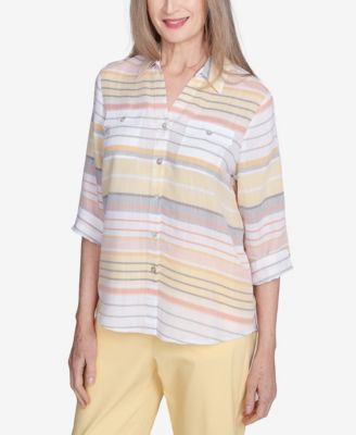 Women's Dress Code Button Down Striped Cuffed Sleeve Top