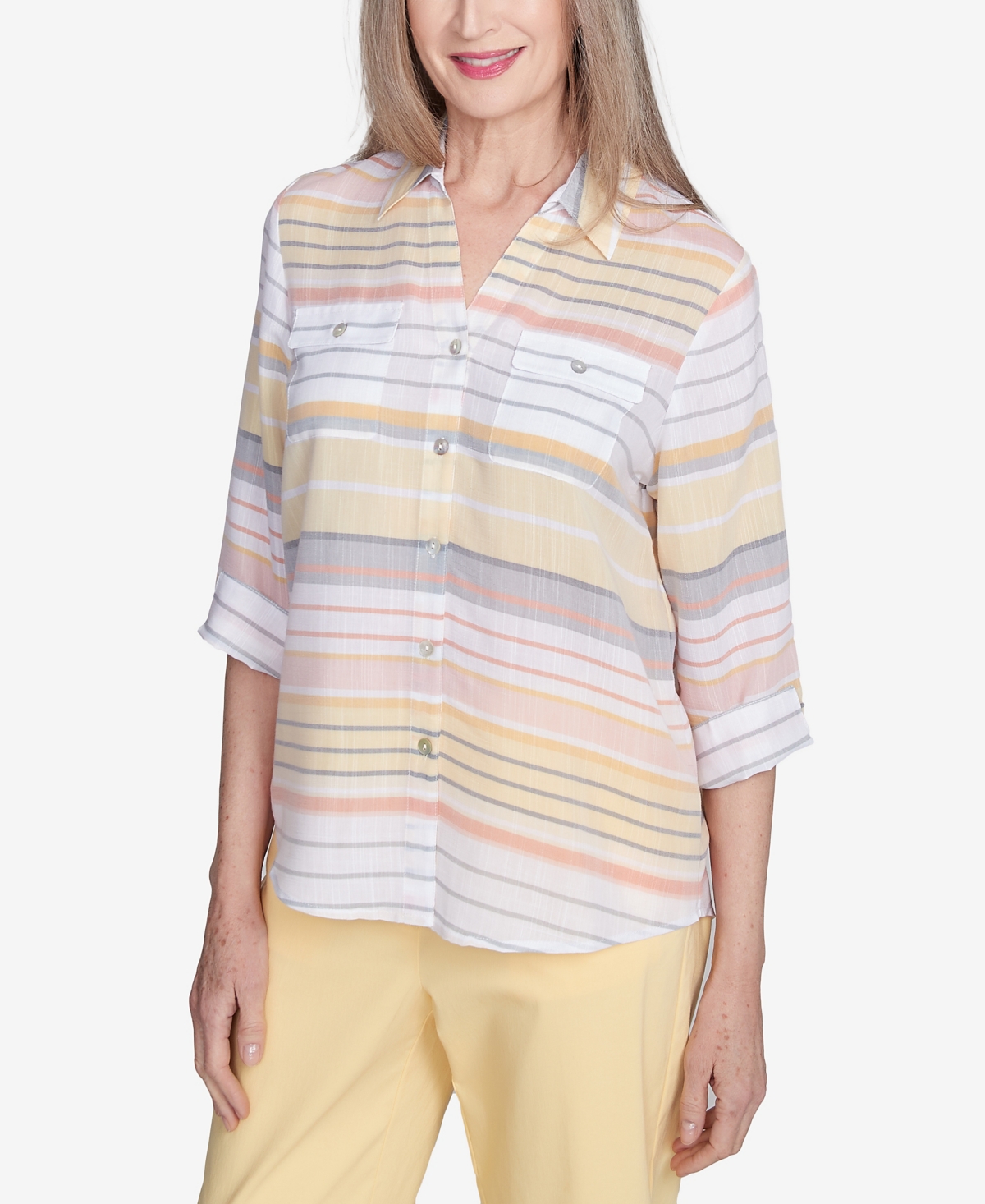 Alfred Dunner Petite Dress Code Button Down Striped Cuffed Sleeve Top In Multi Yellow