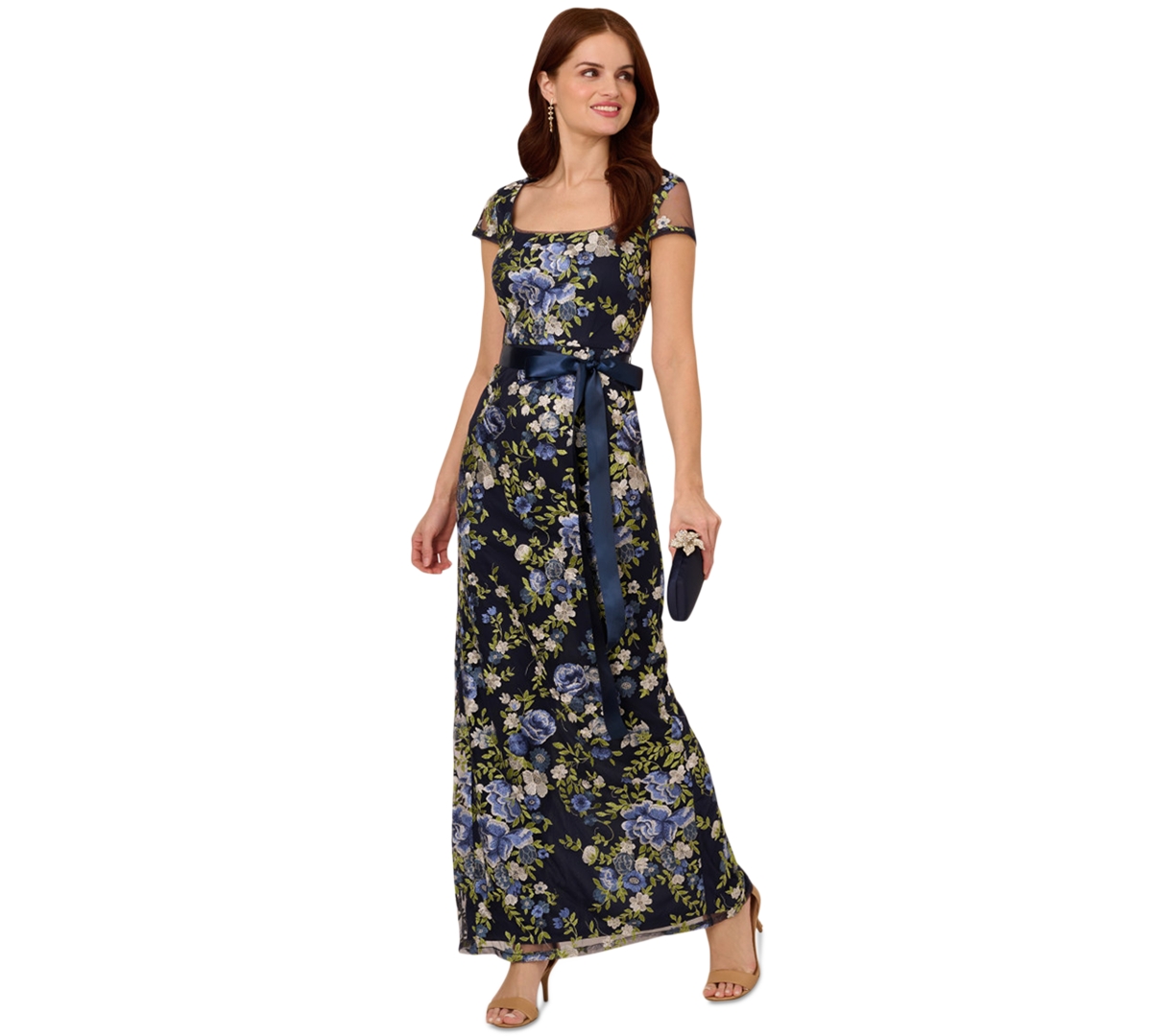 ADRIANNA PAPELL WOMEN'S CASCADING FLORAL SHEATH GOWN 