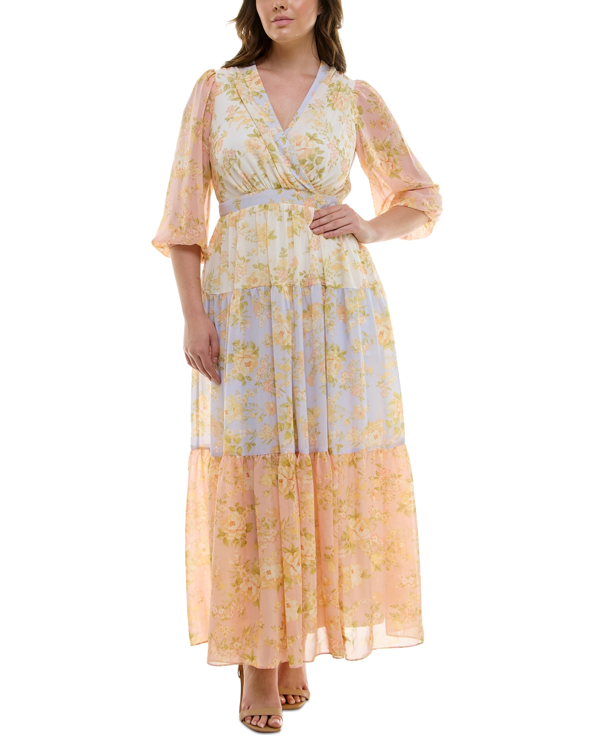 TAYLOR PLUS SIZE PRINTED BLOUSON-SLEEVE MAXI DRESS 