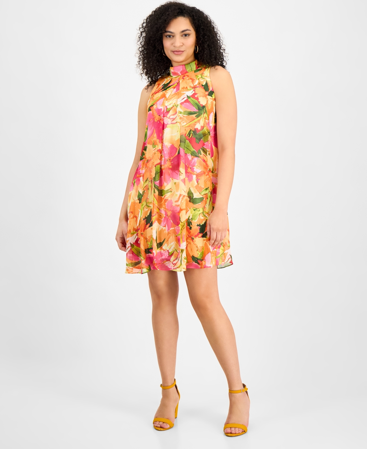 Women's Floral-Chiffon Mock-Neck Trapeze Dress - Orange Pink