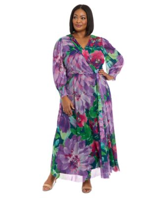 London Times - Plus Size Printed Blouson-Sleeve Maxi Dress