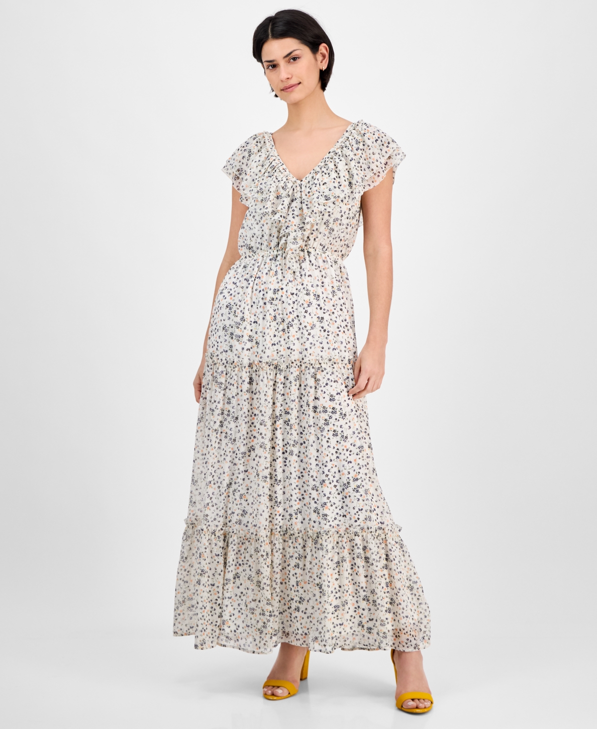 Women's Floral-Print Ruffled Maxi Dress - Ivory/mult