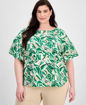 Anne Klein - Plus Size Printed Flutter-Sleeve Blouse