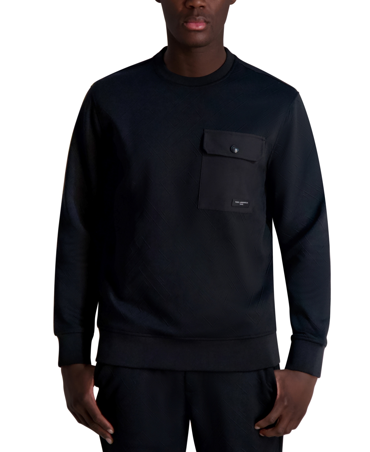 Men's Relaxed Fit Long Sleeve Crewneck Jacquard Pocket Sweatshirt - Black