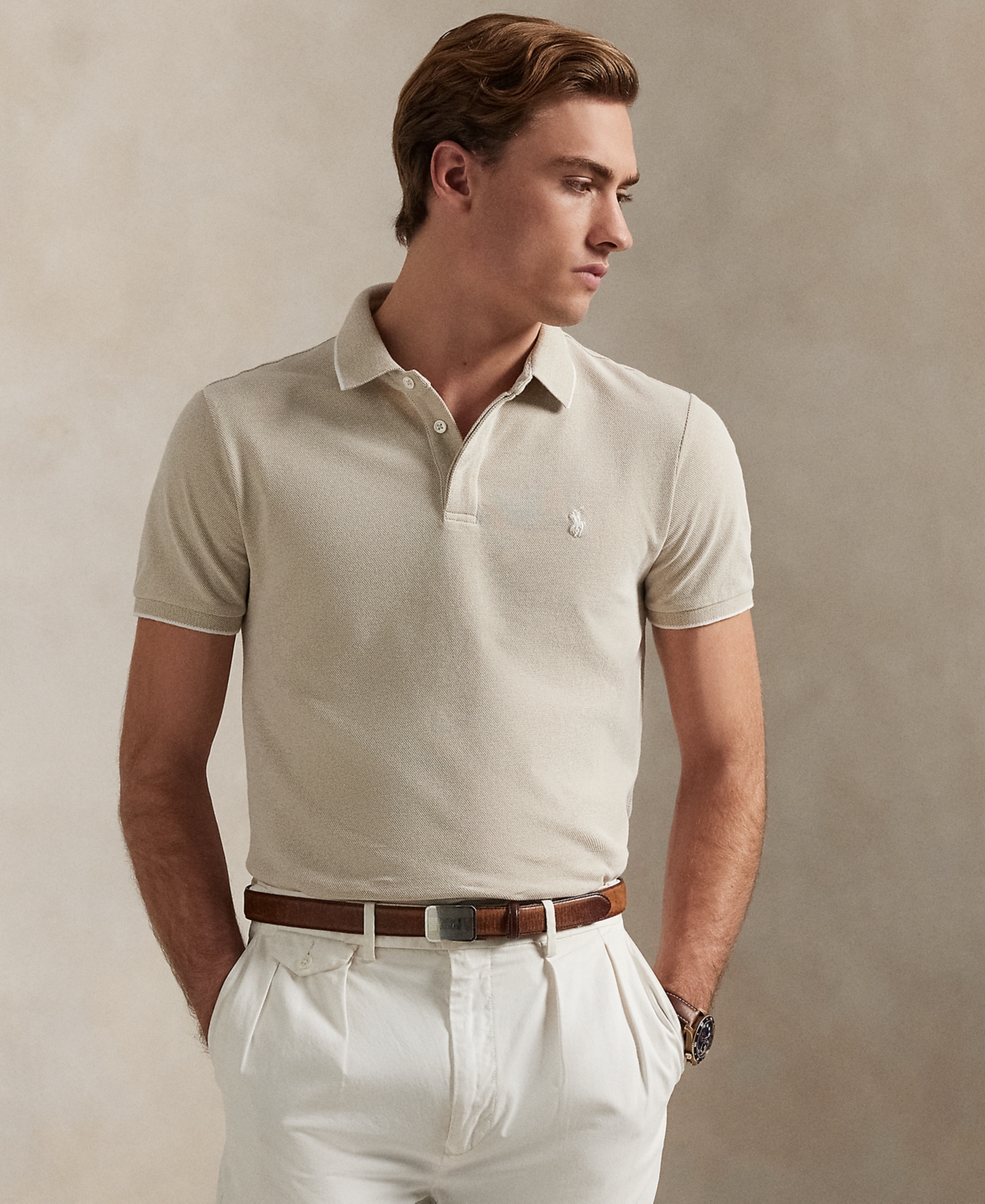 Polo Ralph Lauren Men's Classic-fit Stretch Oxford Mesh Polo In Classic Khaki,white