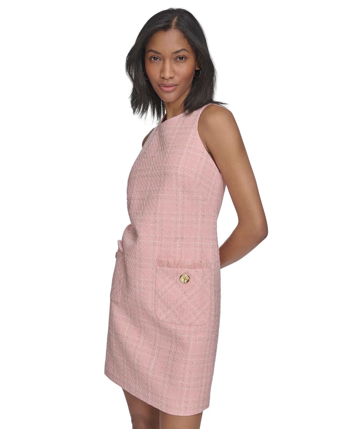 HALSTON WOMEN'S ROUND-NECK SLEEVELESS PATCH-POCKET TWEED DRESS 