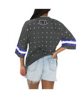 Women's Anthracite New York Giants Kickoff Time Allover Rhinestone Sports Stripe Jersey V-Neck T-Shirt