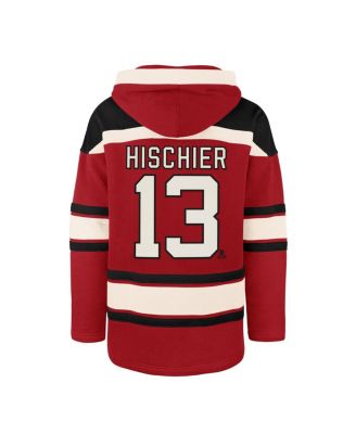 Men's Nico Hischier Red New Jersey Devils Player Name Number Lacer Pullover Hoodie