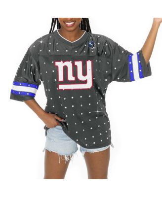 Women's Anthracite New York Giants Kickoff Time Allover Rhinestone Sports Stripe Jersey V-Neck T-Shirt