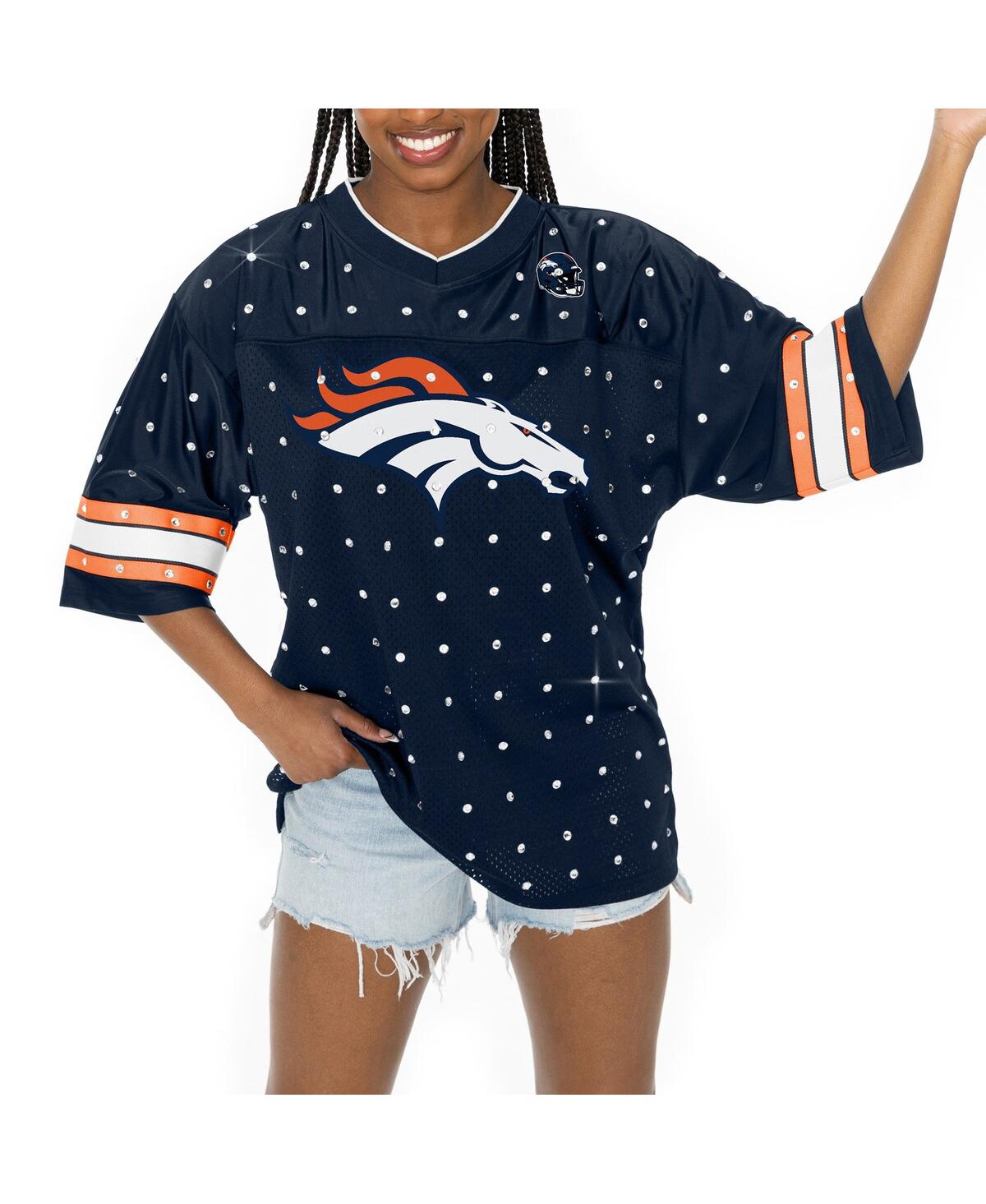 Shop Gameday Couture Women's Navy Denver Broncos Kickoff Time Allover Rhinestone Sports Stripe Jersey V-neck T-shirt