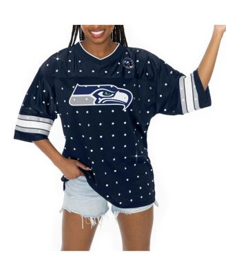 Women's College Navy Seattle Seahawks Kickoff Time Allover Rhinestone Sports Stripe Jersey V-Neck T-Shirt