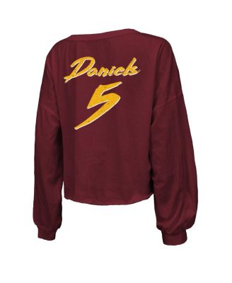 Women's Jayden Daniels Burgundy Washington Commanders Off-Shoulder Script Player Name Number Cropped Long Sleeve V-Neck T-Shirt