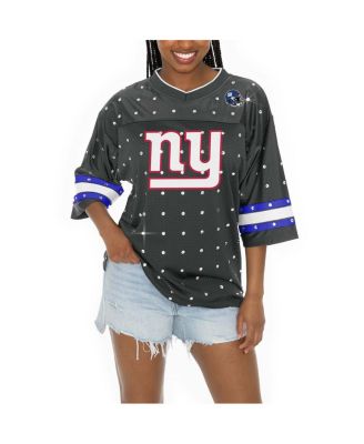 Women's Anthracite New York Giants Kickoff Time Allover Rhinestone Sports Stripe Jersey V-Neck T-Shirt