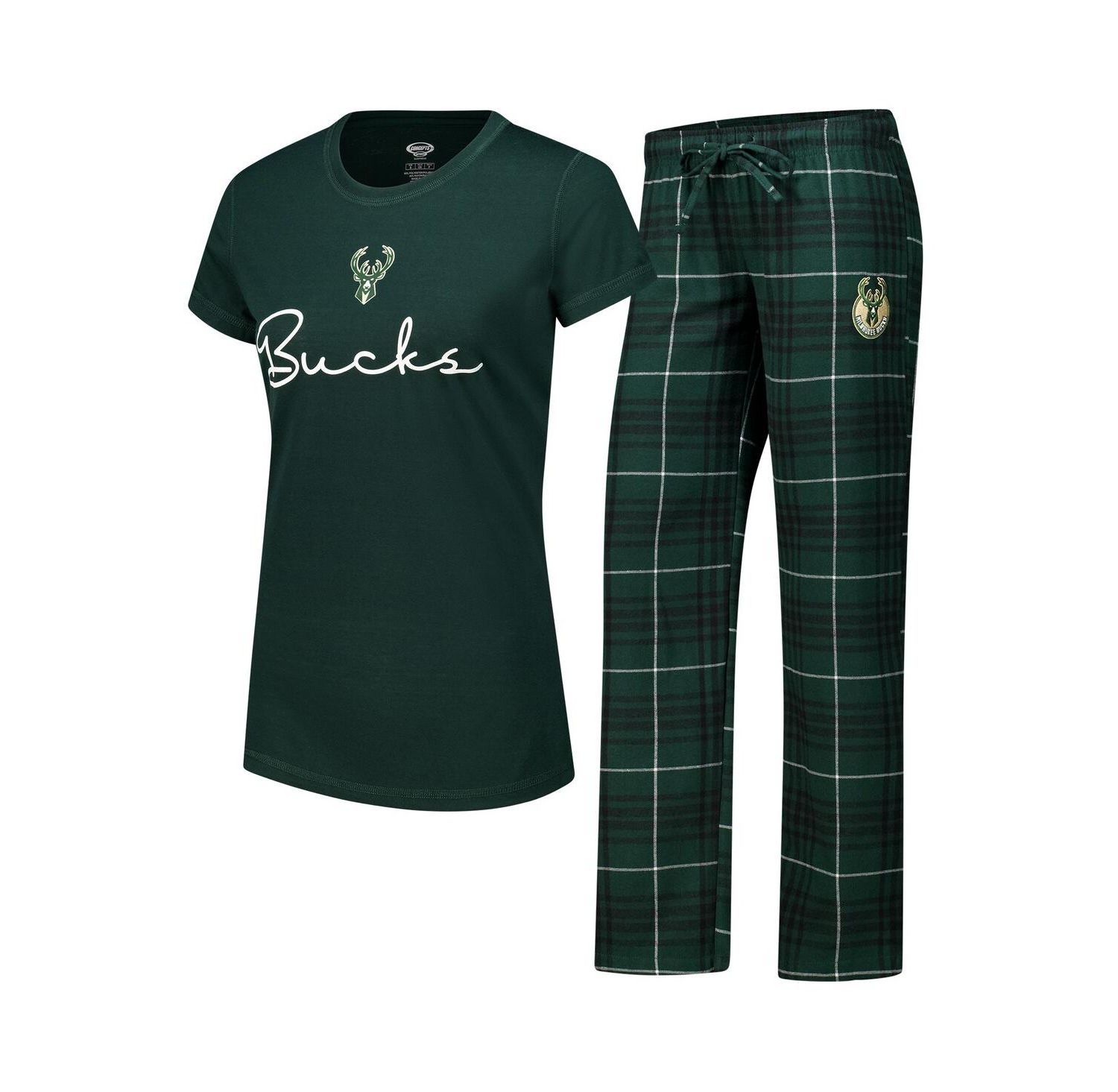 Women's Hunter Green Milwaukee Bucks Vector T-Shirt Flannel Pants Sleep Set