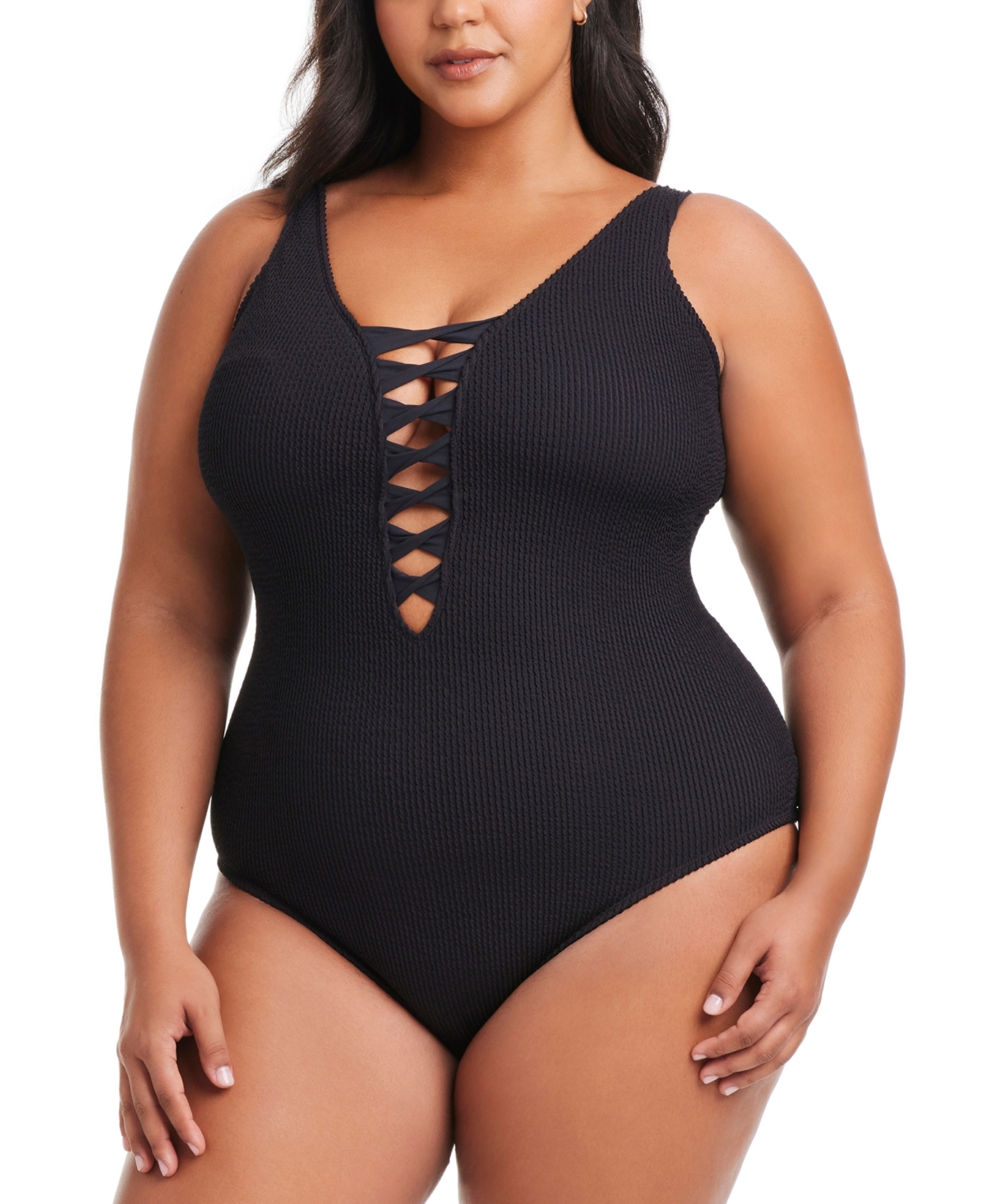 Plus Size Pucker Up Lace-Down Over-The-Shoulder Swimsuit - Dahlia