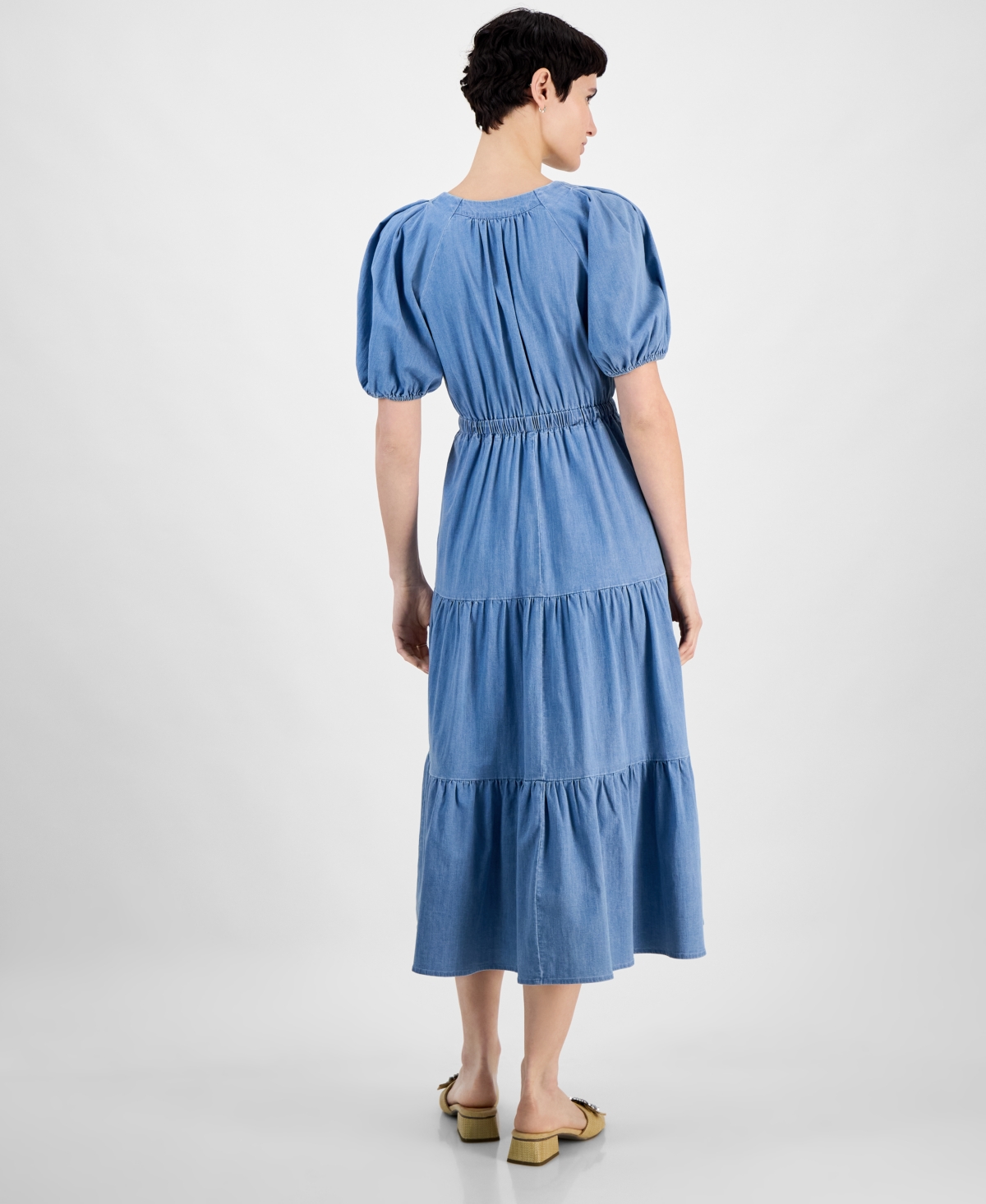 Anne Klein Puff Sleeve Tiered Denim Midi Dress In Blue