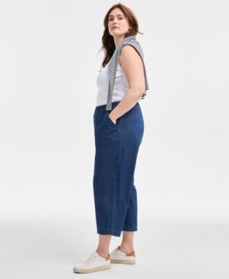 Plus Size Chambray Pull-On Cropped Pants, Exclusively at Macy's