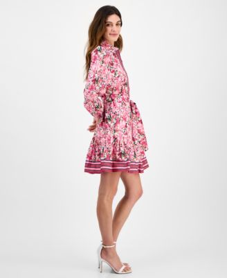Women's Printed Long-Sleeve Belted Shirtdress