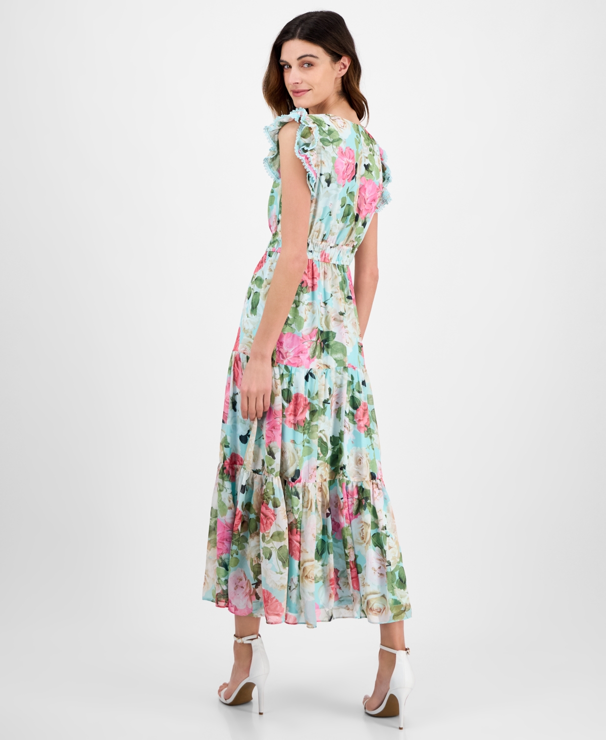 Anne Klein Floral Ruffle Drawstring Waist Dress In Eggshell Blue Multi