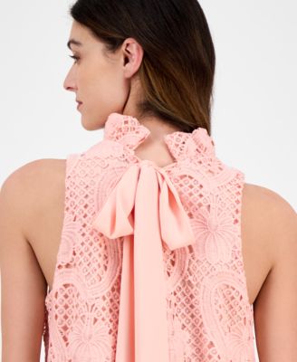 Women's Ruffle-Neck Sleeveless Shift Lace Dress