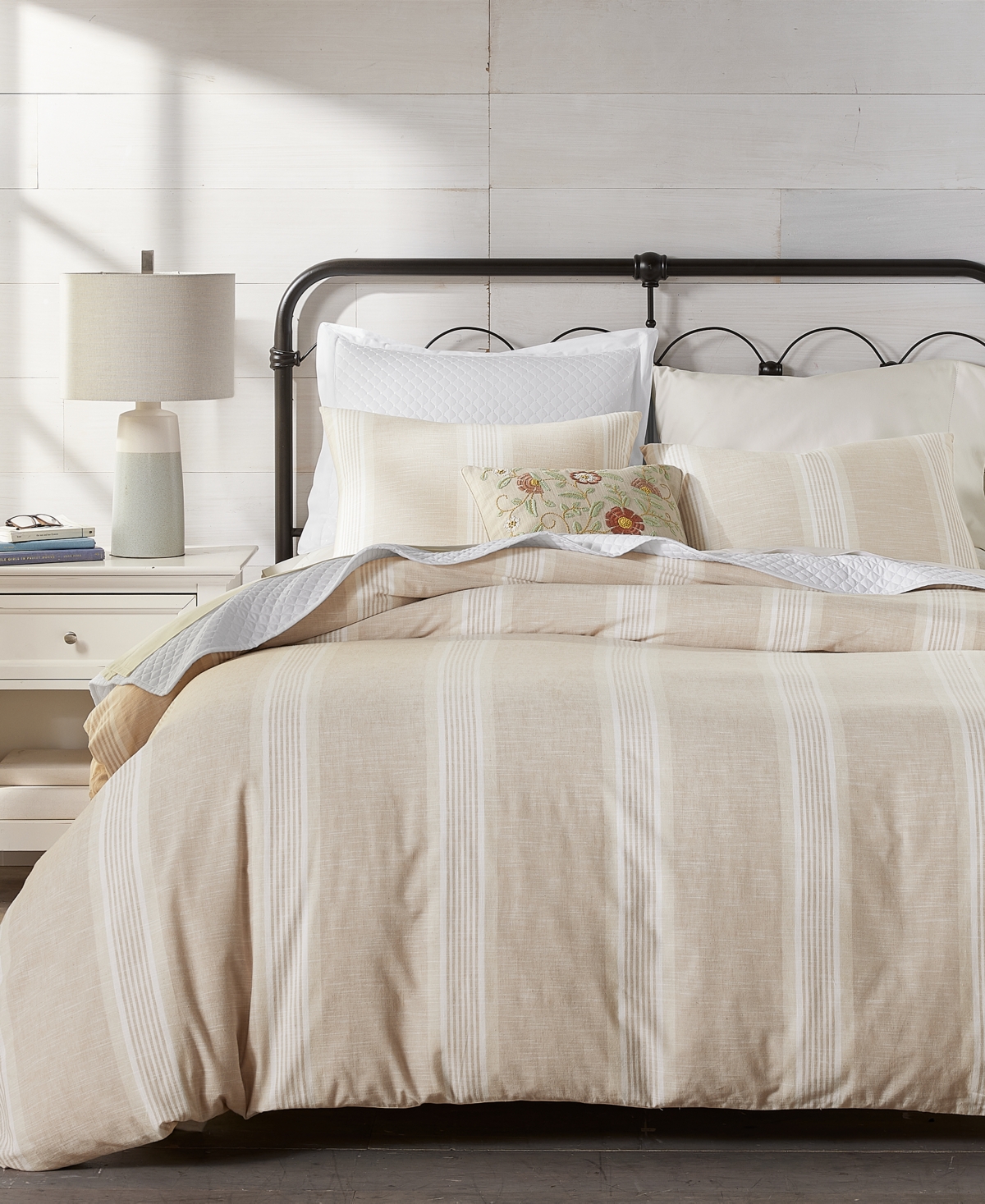 Shop Charter Club Clifton Cotton/linen Stripe 3-pc. Duvet Cover Set, Full/queen, Exclusively At Macy's In Flax