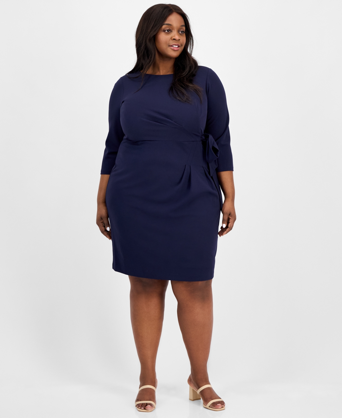 Tahari Plus Size Side-Tie Back-Belted 3/4-Sleeve Dress - Navy