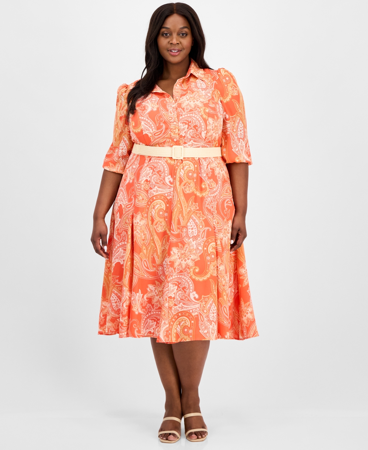 Tahari Asl Plus Size Printed Belted Midi Shirtdress In Coral Paisley