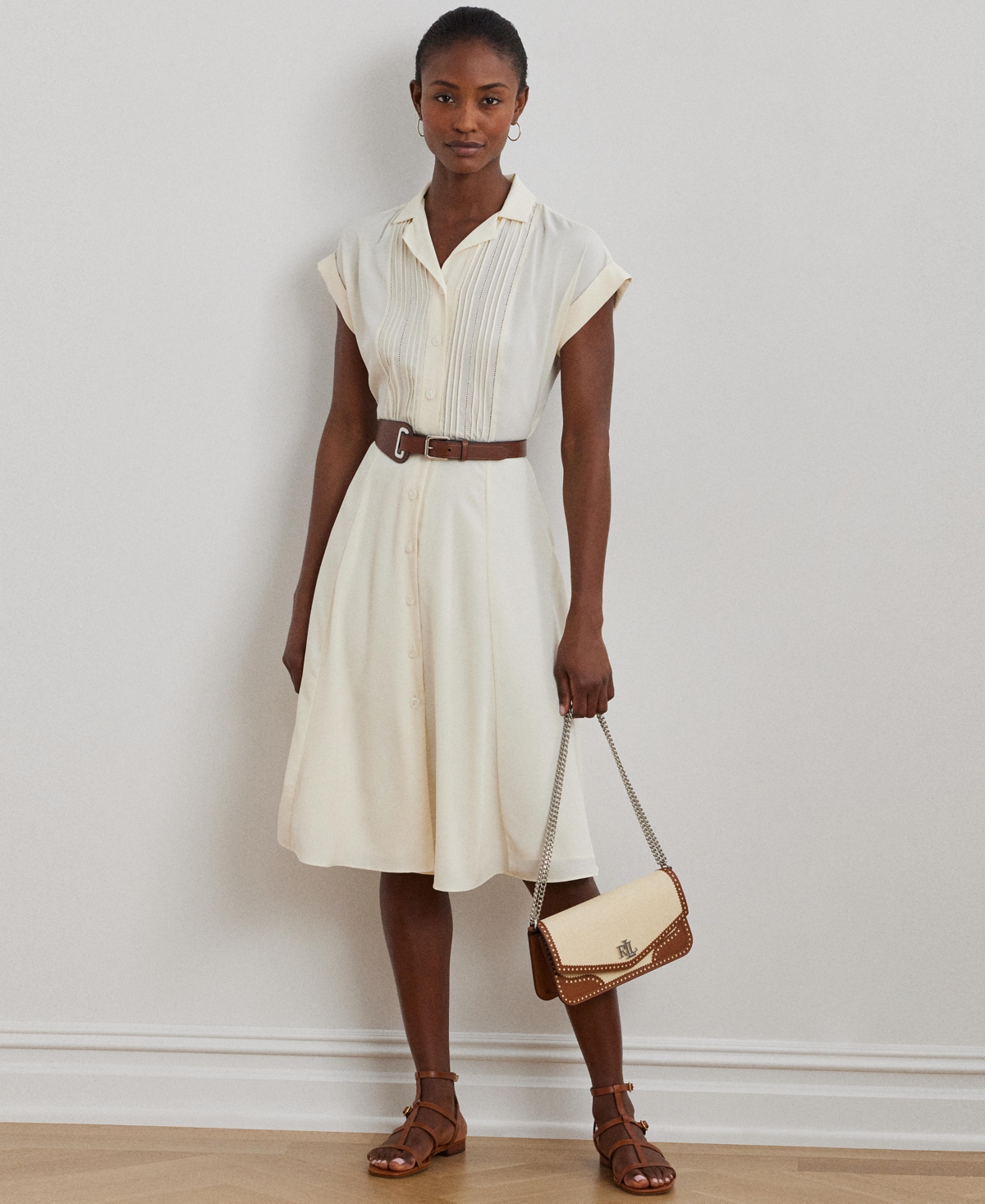 RALPH LAUREN WOMEN'S BELTED CREPE PINTUCKED SHIRTDRESS 