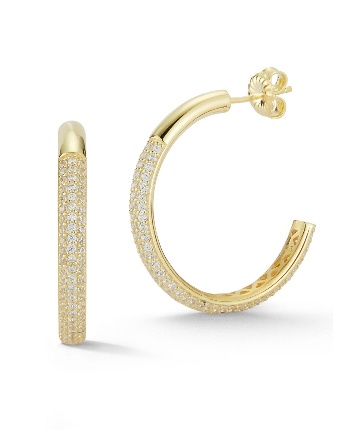 14K Gold Plated Sterling Silver Half Pave Hoop Earrings - Silver