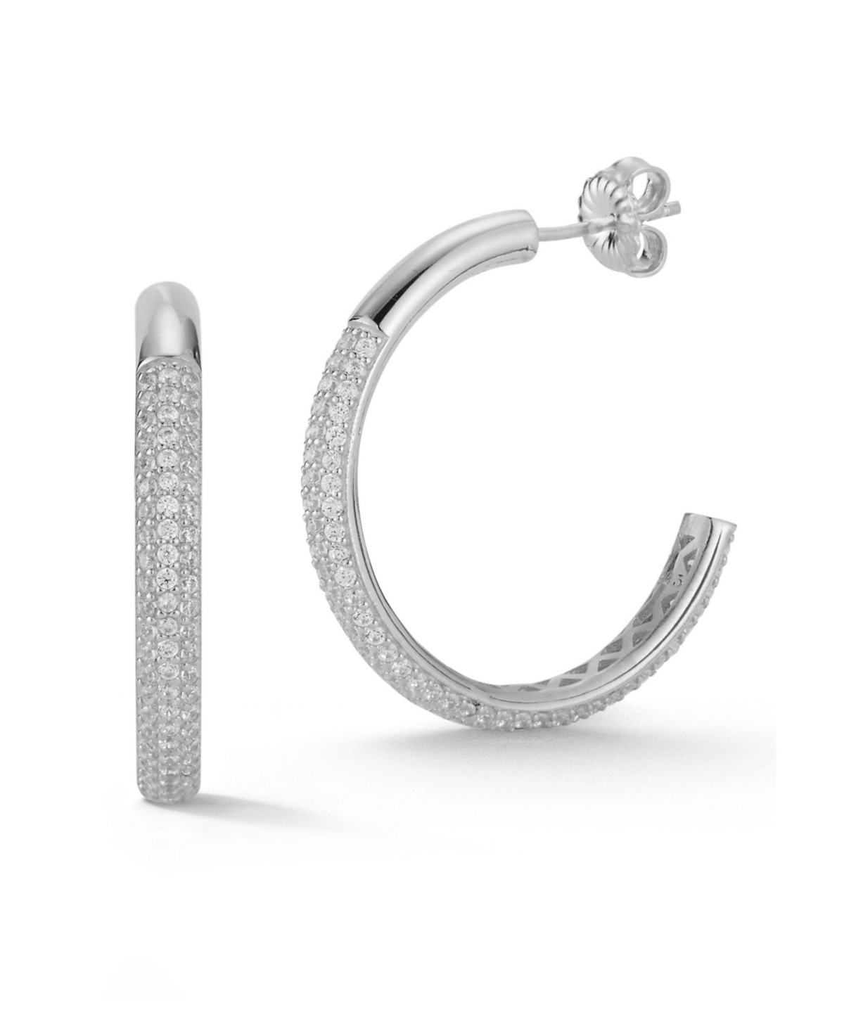 14K Gold Plated Sterling Silver Half Pave Hoop Earrings - Silver