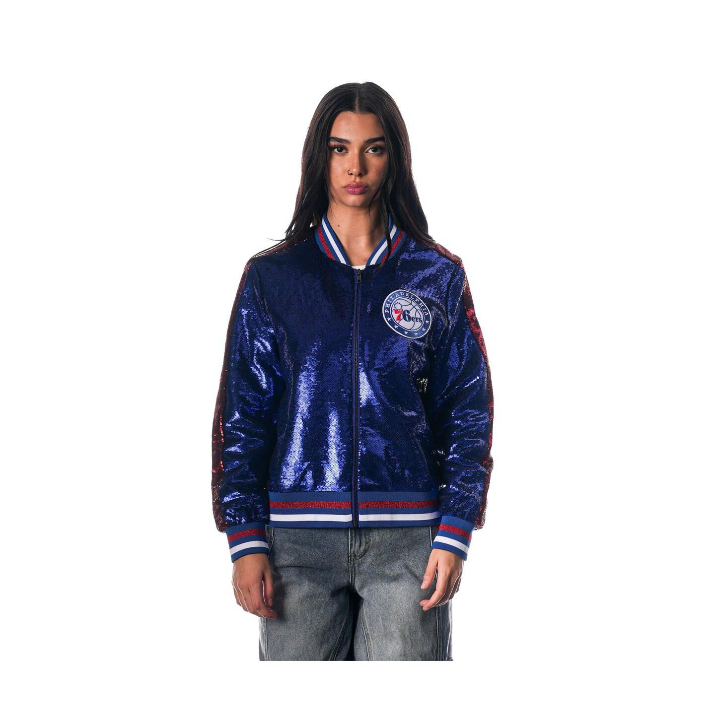 Женская куртка The Wild Collective Royal Philadelphia 76ers Sequin Bomber Full-Zip — фото 1