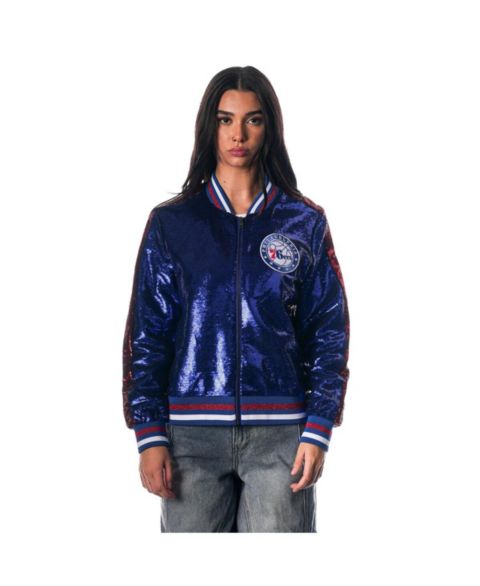 Женские куртки The Wild Collective Women's Royal Philadelphia 76ers Sequin Bomber Full-Zip Jacket