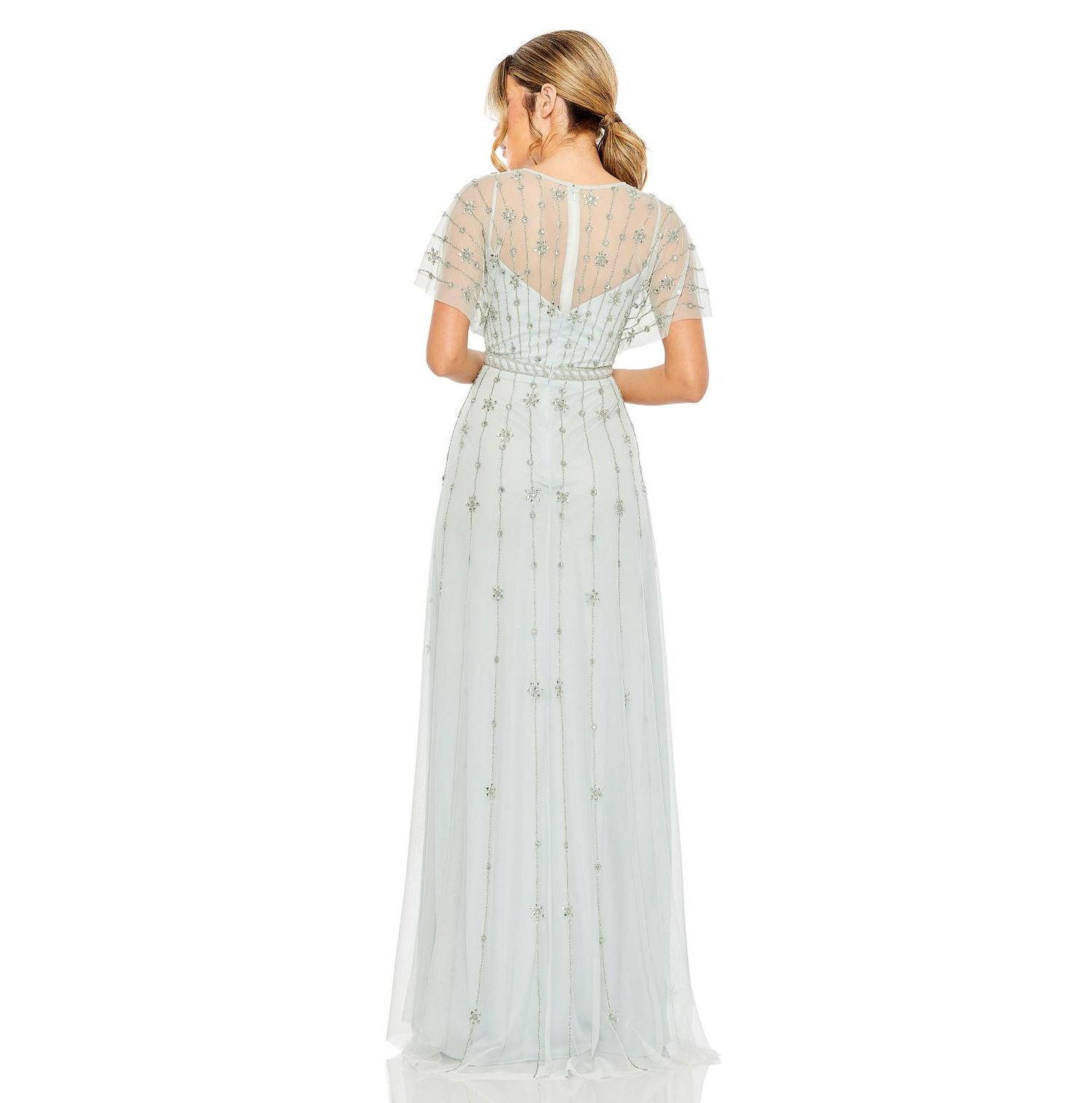 Women's V-Neck Embellished Flutter Sleeve A Line Gown