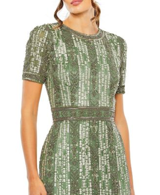 Women's High Neck Short Sleeve Crystal Fringe Column Dress