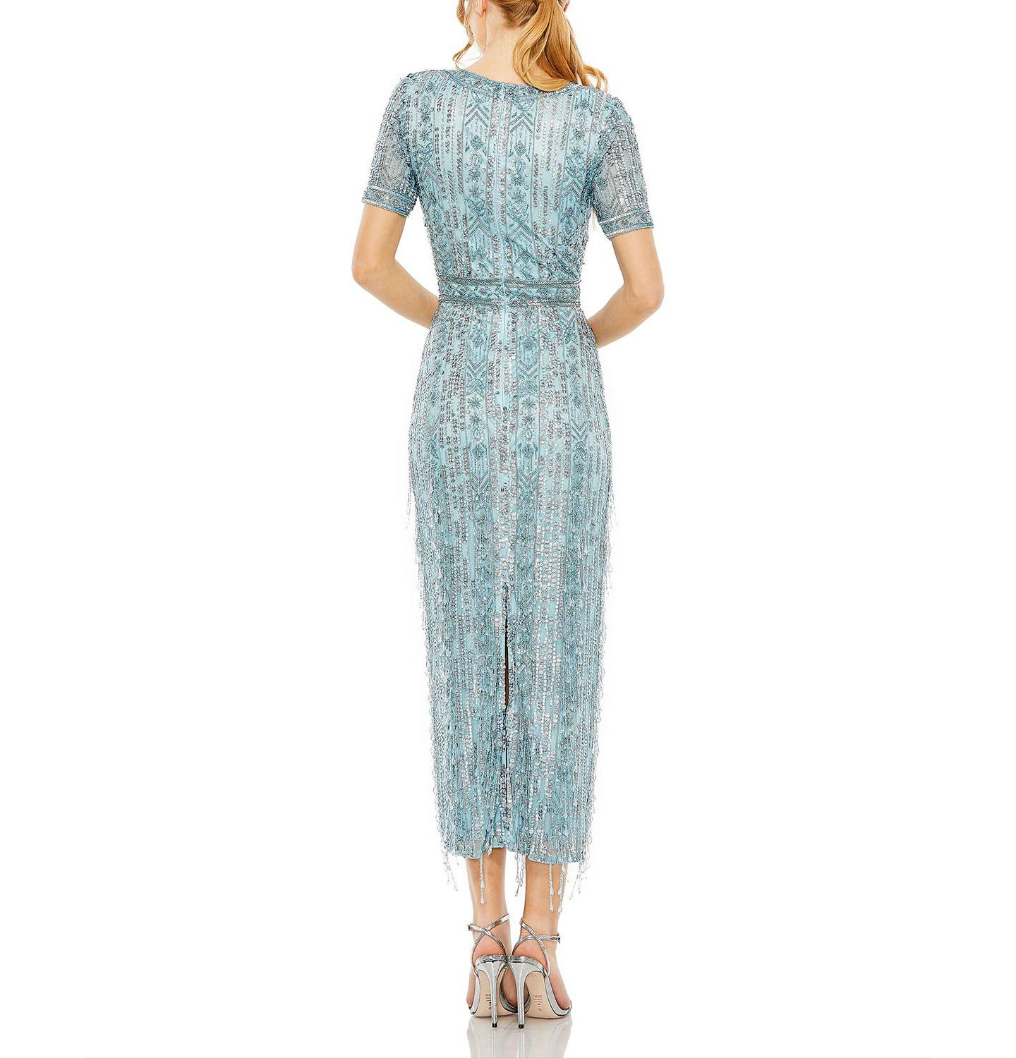 Женское платье Mac Duggal High Neck Short Sleeve Crystal Fringe Column, цвет: Синий — фото 4